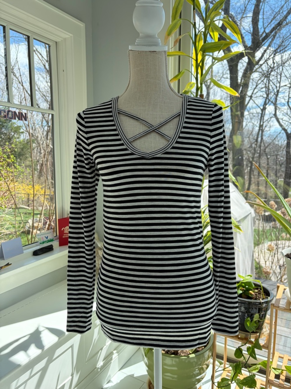Black & White Striped Crisscross V-Neck Top